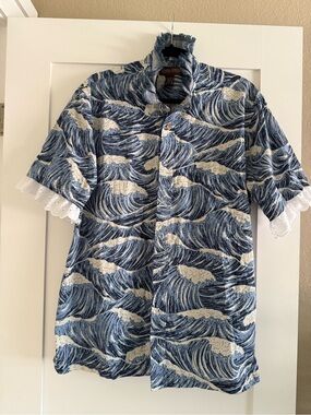 Men's Blue Wave-Print Short Sleeve Button-Down Shirt